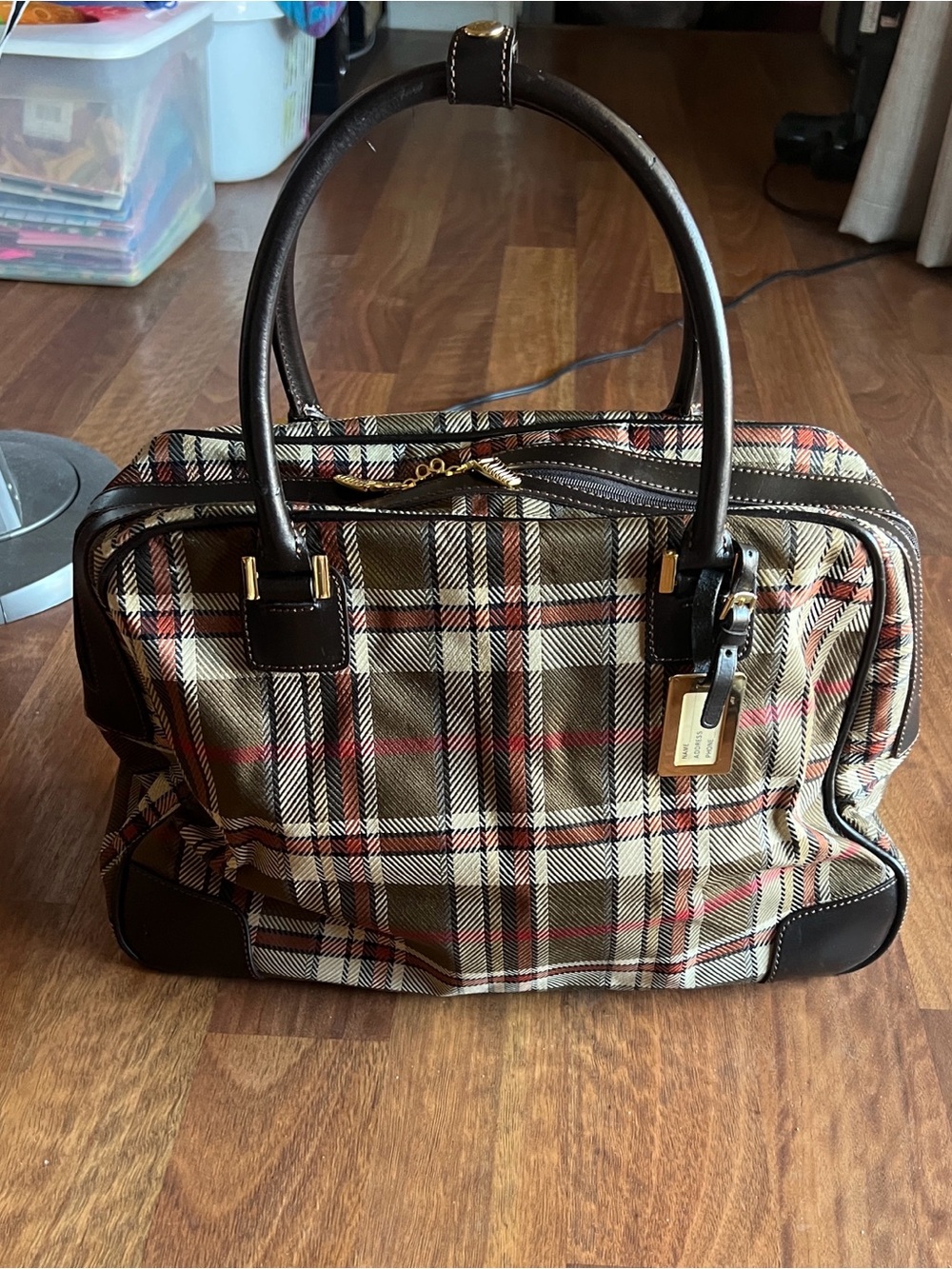 Vintage Adrienne Vittadini plaid satchel duffel 18”x12”x7”